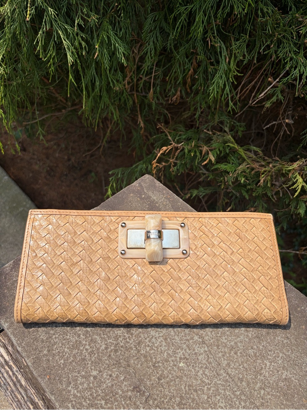 Furla Woven Tan Leather Clutch Convertible Chain Bag